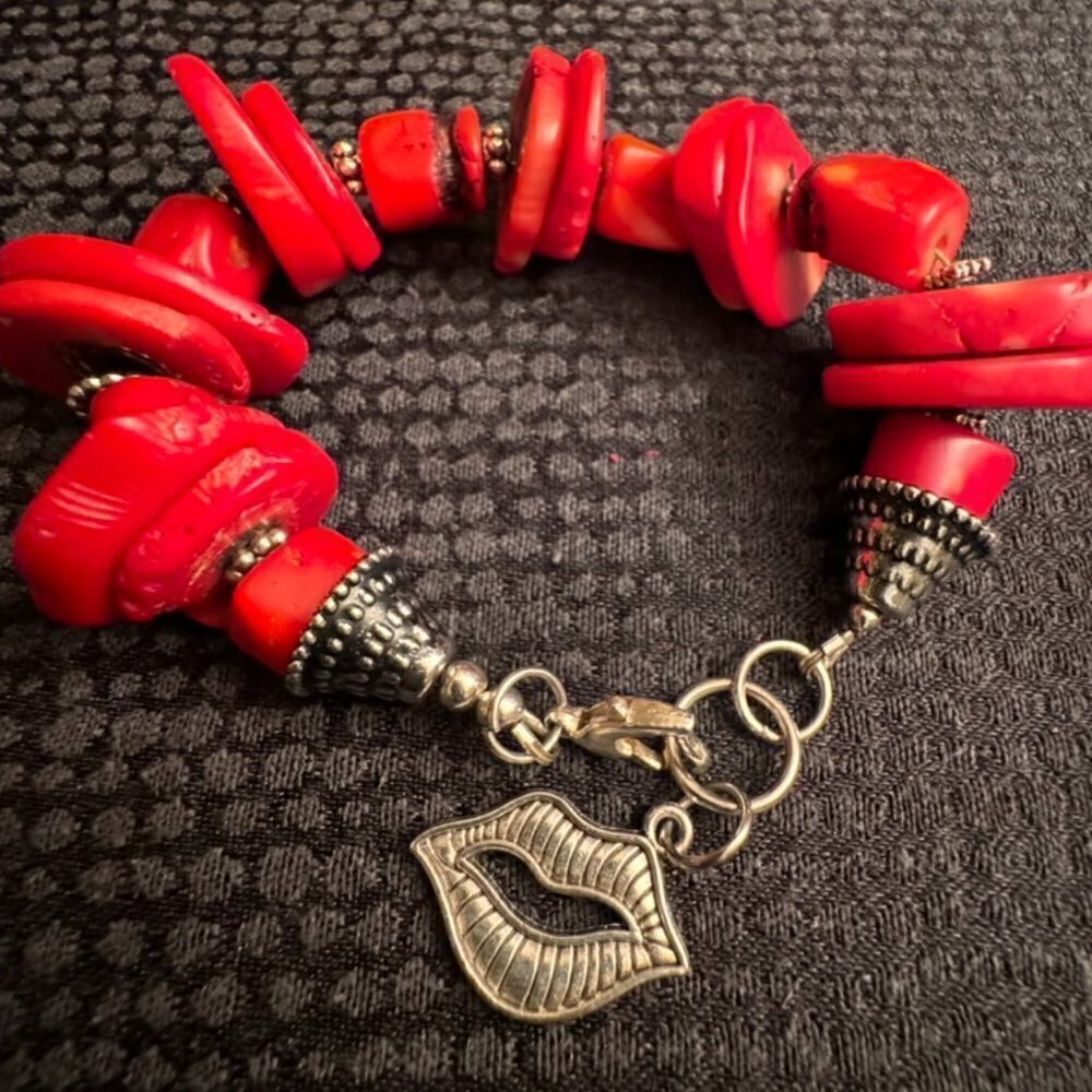 Natural Red Coral Bracelet Beaded Chunky Lips Charm Silver Handmade Boho Large